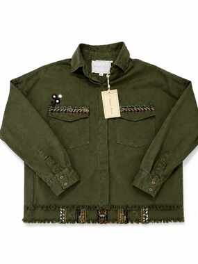 Beautiful Stories XS Women’s Olive Green Embroidered Utility Jacket Fringe Hem